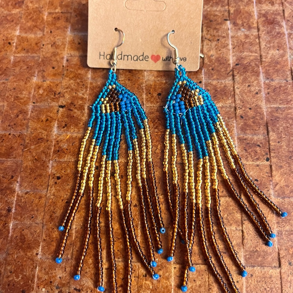 Handmade Blue, Brown, Gold Seed Bead Fringe Earrings